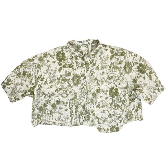 Maison Blanche Oversized Crop Button Up Blouse Nature Print Fox Deer Birds L/XL - Picture 1 of 5